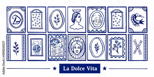 Vintage blue and white tarot card collection with floral and figurative designs