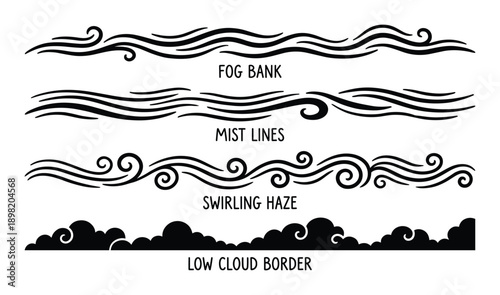Fog bank mist lines swirling haze and low cloud border vector illustration design elements set.