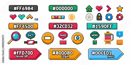 Pixel art game assets including buttons icons and decorative elements