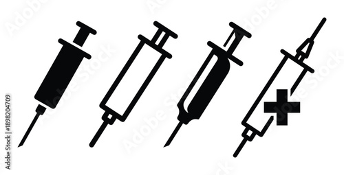 Four medical syringe injections vector illustrations, various styles injection equipment, vaccination tools for medical treatments