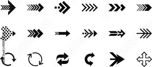 Collection of black arrows and directional symbols on white background