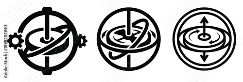 Gyroscope vector icons. Mechanical rotation system, movement mechanism design