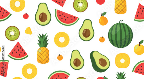 Colorful Tropical Fruit Pattern Vector Illustration with Pineapple Watermelon Avocado Kiwi and Citrus