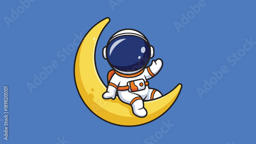 Adorable cartoon astronaut sitting on a yellow crescent moon and waving hand against a blue background. Vector illustration for kids, space themes, and mascots.