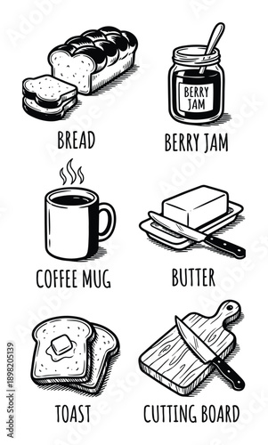 Hand-drawn breakfast elements illustration with bread, berry jam, coffee, butter, toast and cutting board