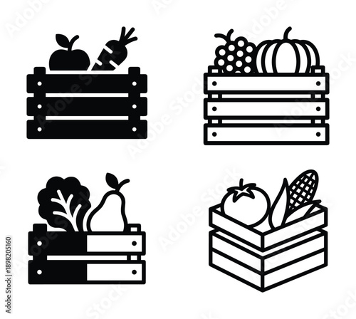 Harvested Vegetables and Fruits in Crates Vector Illustration, Containing Apple, Carrot, Grapes, Pumpkin, Lettuce, Pear, Tomato, Corn