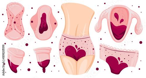 Menstruation Period. Hygiene products. Zero waste panties, pads, cups. Menstrual protection, feminine hygiene. Hand drawn vector illustration isolated.