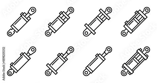 Hydraulic cylinder vector icons set. Linear design. Machine parts outline style.