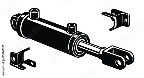 Hydraulic cylinder vector illustration with mounting brackets, black and white machinery component design