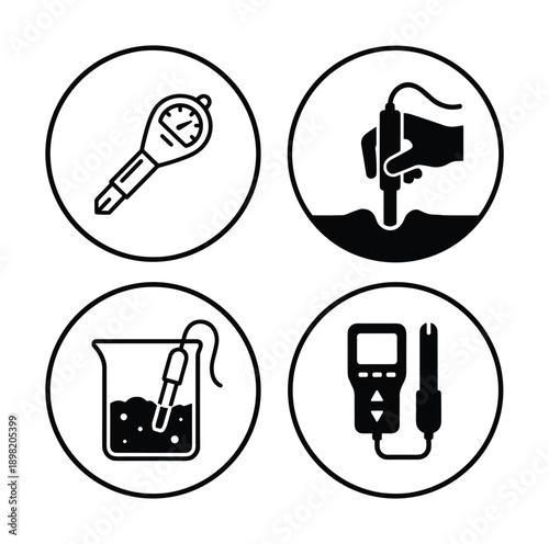 Icons set of soil pH meter, digital pH meter, analog pH meter, and pH meter in solution