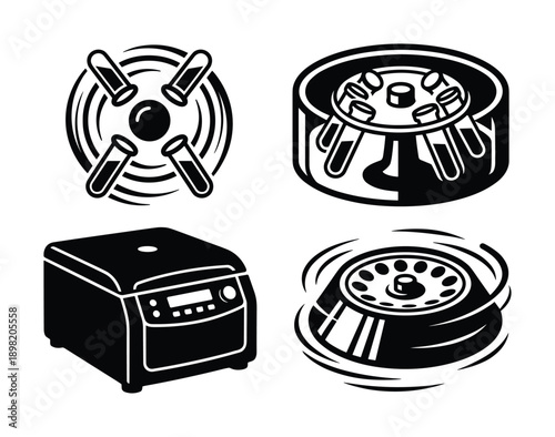 Laboratory Centrifuges Vector Illustration, various centrifuge models with test tubes. Scientific equipment.