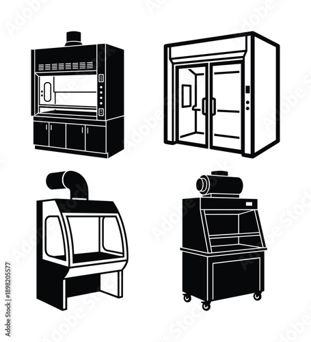 Laboratory Equipment Black and White Vector Set, Includes Fume Hoods, Clean Benches, and Glove Boxes