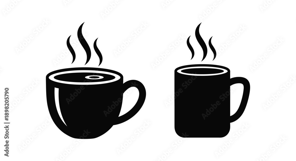 Obraz premium Two black coffee cups with rising steam a bold silhouette
