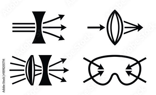 Lens types illustration with arrows. Concave, convex lenses diagrams for optics. Converging and diverging lens effects.