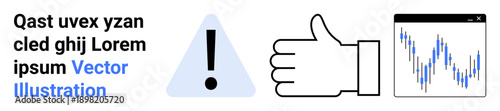 Warning signals, approval gestures, finance trends, data visualization, user interface, business communication. A warning sign, thumbs-up symbol and a chart overlaid with sample text. Warning