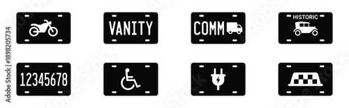 License plate icons set with motorcycle, vanity, commercial truck, historic car, numbers, handicap, electric plug, taxi cab