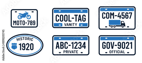 License Plates Vector Set: Motorcycle, Vanity, Commercial, Historic, Private, and Official designs