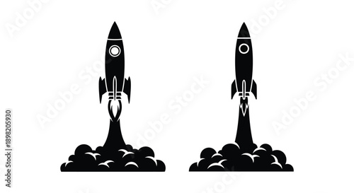 Two rocketships launching with fiery trails a striking silhouette