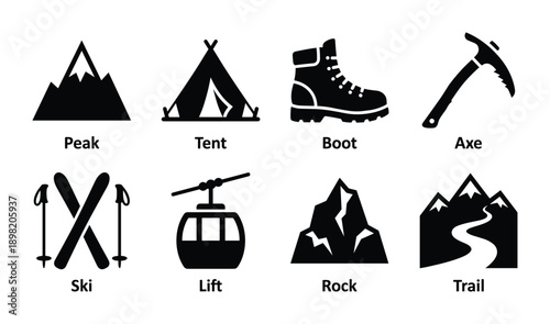 Mountain hiking icons: peak, tent, boot, axe, ski, lift, rock, trail, symbols for outdoor adventure
