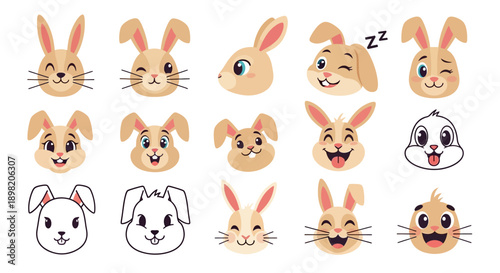 Collection of cute cartoon rabbit faces with various expressions, including winking, smiling, and sleeping, in both colored and outline styles.