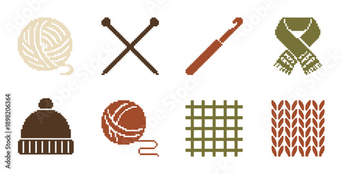 Pixel art of knitting needles, yarn ball, crochet hook, scarf, and knitted hat isolated on white background