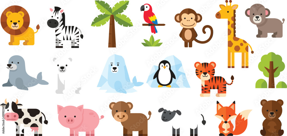 Fototapeta premium Cute Animal Cartoon Vector Set with Wild Farm Arctic and Jungle Animals for Kids