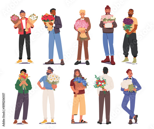 Isolated set of men romantic cartoon characters in full-length portraits holding flower bouquets