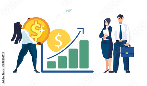 Business, budget. Businessman and secretary girl, financiers put dollars in budget for investment growth, bar chart. African American worker with gold coins. Poster, audit, people. Vector illustration