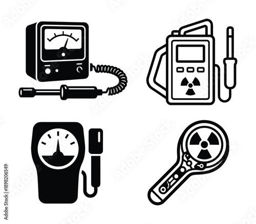 Radiation detector set illustration, geiger counters, radioactive elements monitors in black and white drawing style.