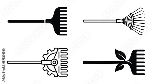Rake Vector Icons Set, Garden Rakes with Leaves, Gear and Metal Rakes in Agriculture and Gardening Tools
