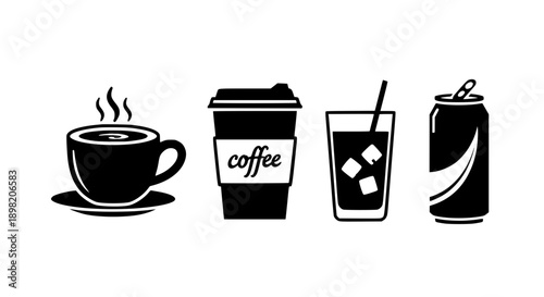 Beverage Icon Collection Featuring Hot Coffee To-Go Cups Iced Drinks and Refreshing Soda Cans
