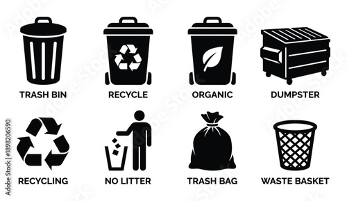 Recycling and Waste Management Icons Set: Trash Bin, Recycle, Organic, Dumpster, No Litter, Trash Bag