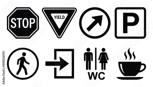 Road and service signs collection: Stop, yield, direction, parking, pedestrian, exit, restroom, and coffee icon