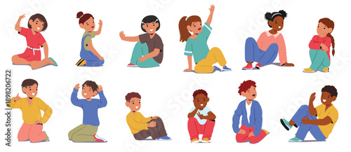 Cute kids cartoon characters sitting waving their hands in friendly greeting gesture isolated set
