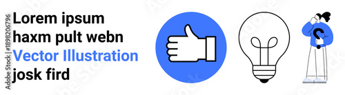 Social media engagement, creativity ideas, decision-making, problem solving, innovation, brainstorming. Thumbs up, light bulb person in thought pose. Social media engagement and creativity ideas