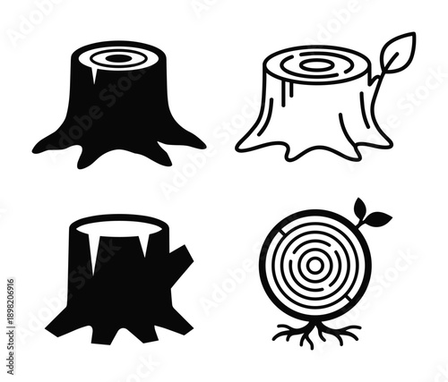 Set of four tree stump illustrations in black and white, with growth rings and roots
