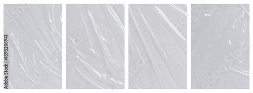Four panels of crinkled clear plastic wrap with a light hue. Ideal for packaging design, environmental concepts, or abstract backgrounds.