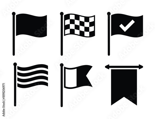 Set of various flags icons, including checkered, plain, with checkmark, and pennant flags