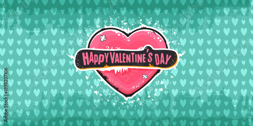 Happy Valentines day cartoon greeting card with grunge retro vintage heart and ribbon. Valentines day wide banner, apparel, sticker design template , vector illustration