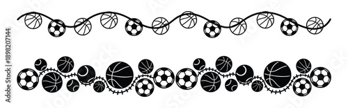Sports balls vector borders: Basketballs, soccer balls with decorative lines in a pattern