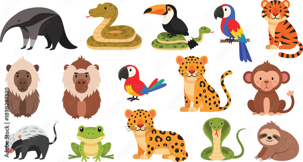 Fototapeta premium Cute Wild Jungle Animals Cartoon Vector Set with Exotic Mammals Birds and Reptiles