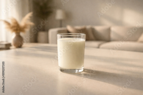 A glass of fresh milk sits on a light table in a sunlit, blurred living room with a sofa and decorative vase in the background.