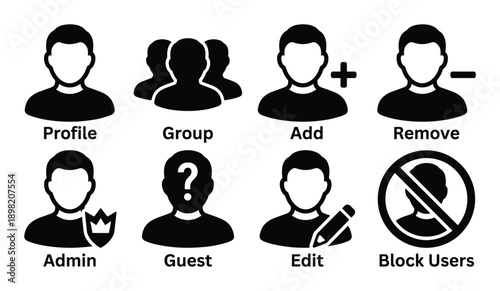 User icon set vector design with profile, group, add, remove, admin, guest, edit and block user icons