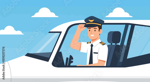 A soaring flat design illustration of a child pilot in uniform, symbolizing dreams of aviation and flying. This modern icon represents future aspirations in the aerospace industry.