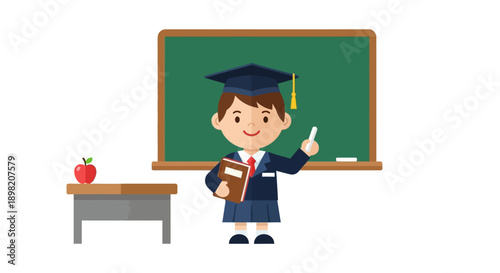 A heartwarming flat design illustration depicting a child as a teacher, holding a book and chalk, representing a passion for education and sharing knowledge. 