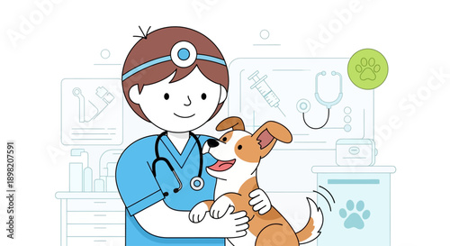 A tender flat design illustration of a child veterinarian caring for a pet, symbolizing compassion for animals and a future in veterinary medicine. 