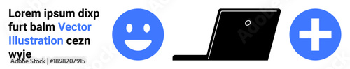 Communication, digital tools, online health services, messaging, teleconferencing, web connectivity. Blue smiling face, laptop icon and plus sign. Communication and digital tools connected theme
