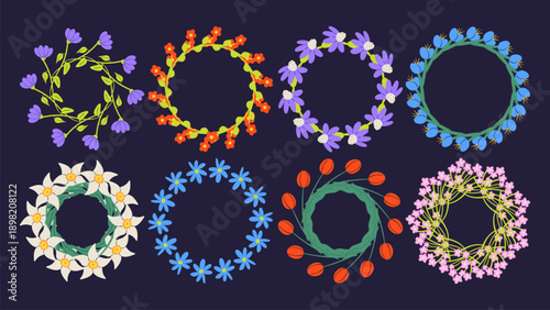Hand drawn spring flowers circle frame set. Doodle floral springtime elements. Isolated vector illustration.