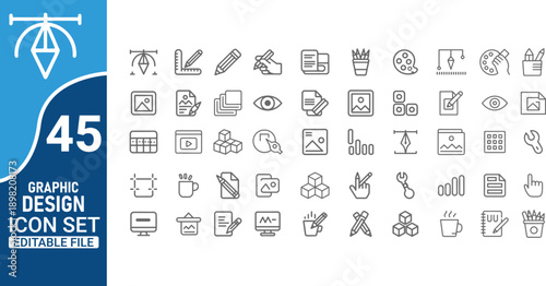 Collection of forty five linear graphic design icons displayed in a grid arrangement