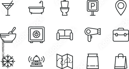 Comprehensive hotel and travel line art icon set featuring amenities like a bathtub, safe box, parking sign, and luggage for tourism concepts.